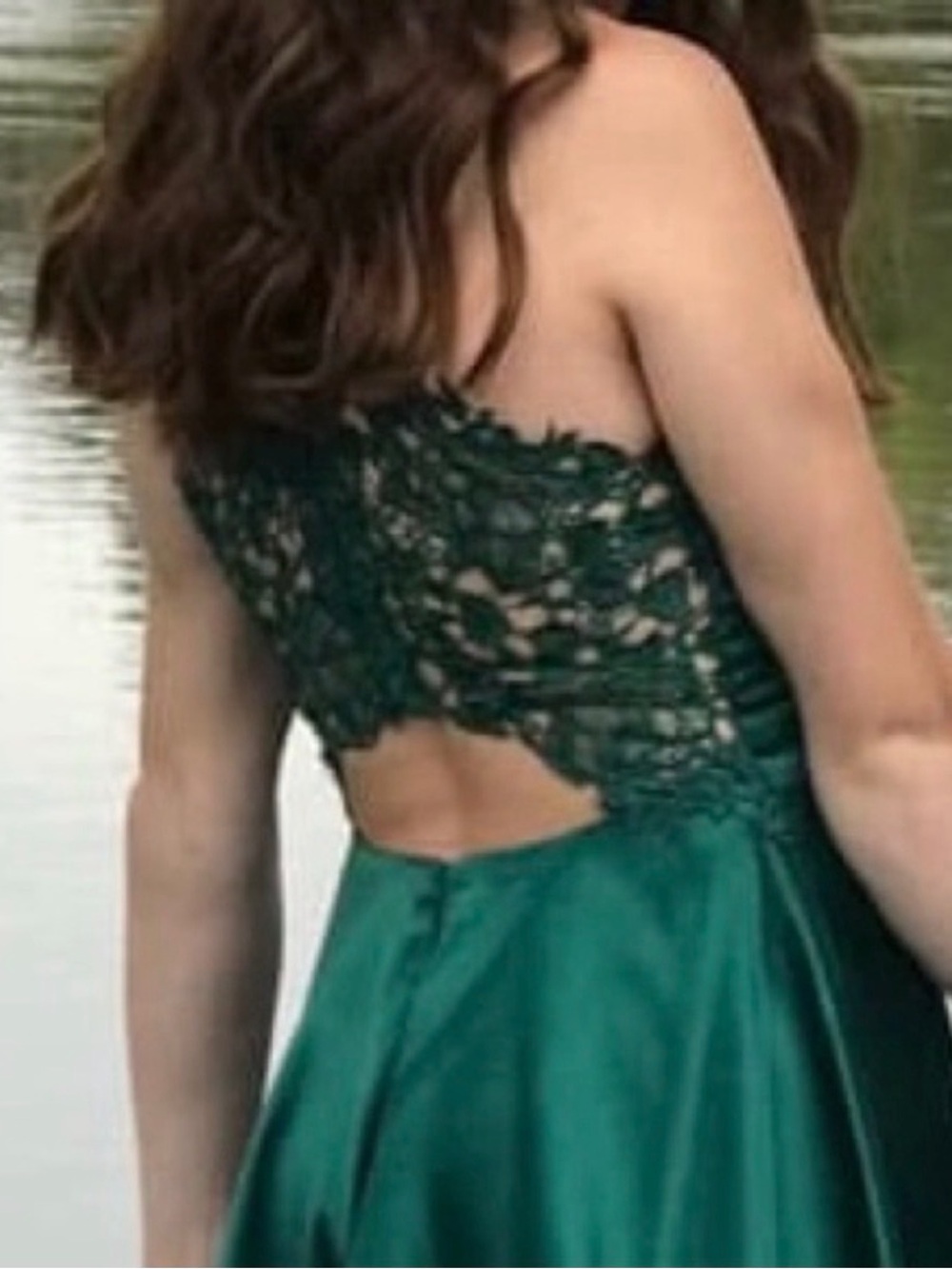 Camille La Vie Emerald Green Strapless Satin Dress with Lace Back - Picture 4 of 6